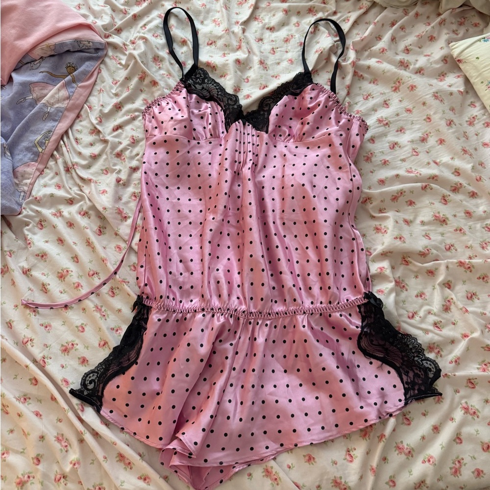 Vintage lace black and pink polka dot romper lingerie